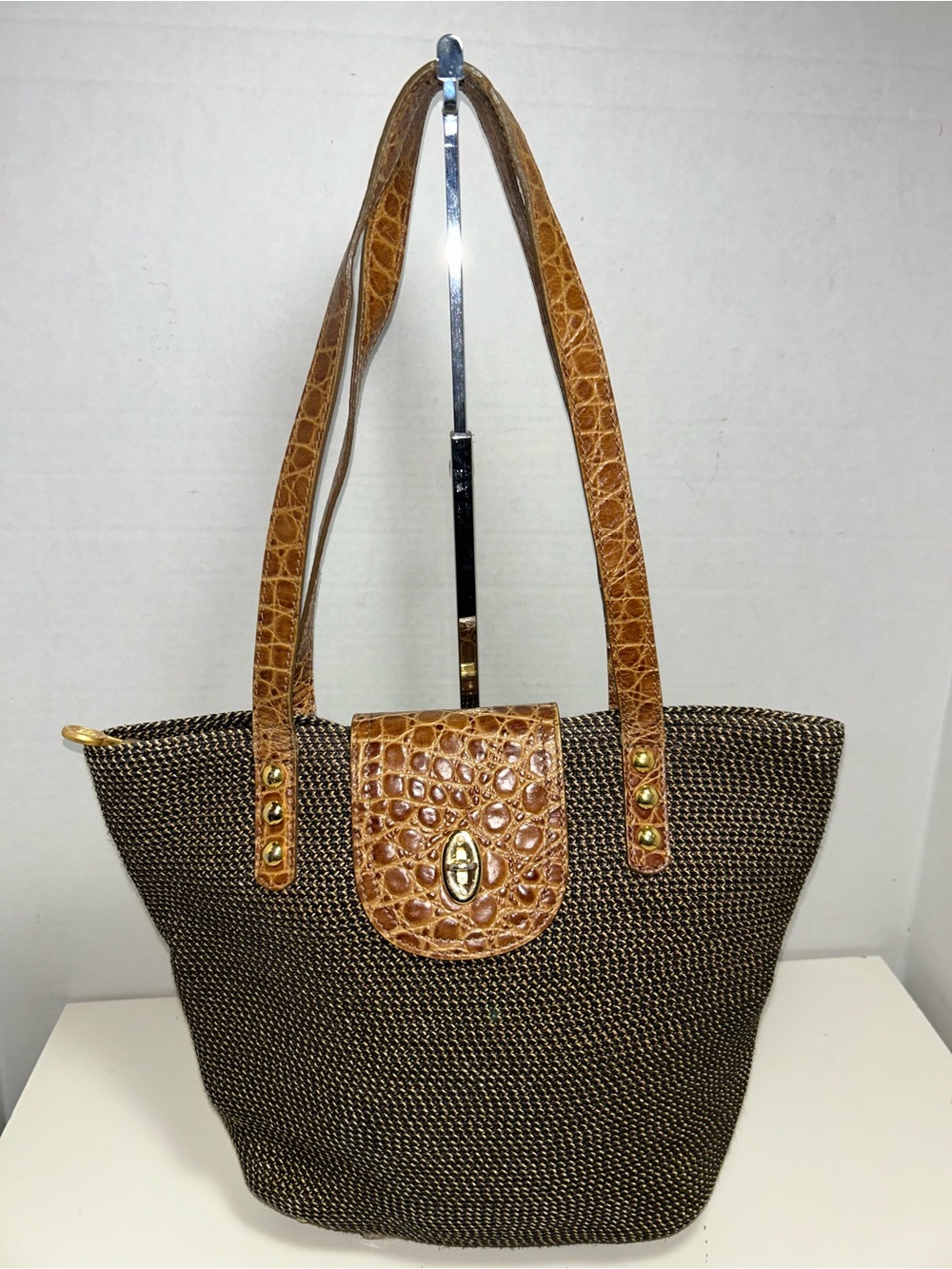 Eric Javits Squishee Straw Croc Embossed Leather Tote Shoulder Bag
